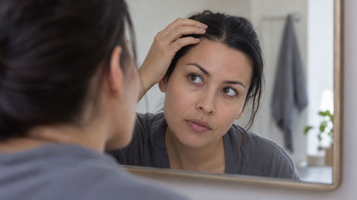 An adult holds back their hair while checking their forehead in a mirror in soft daylight.