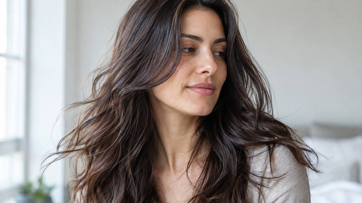 An adult turns their head as long dark hair moves softly in natural window light.