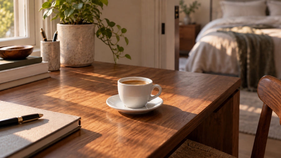 Espresso on a wooden desk in afternoon sunlight, with softly blurred bedding beyond a doorway.