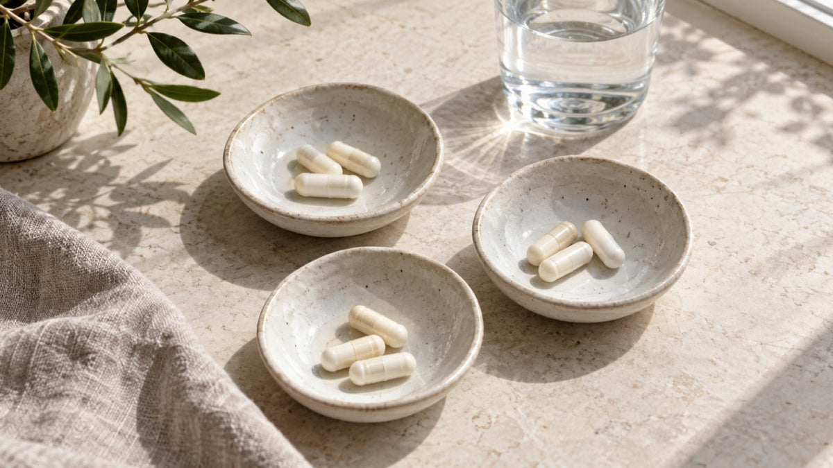 Three ceramic dishes holding identical ivory capsules beside a glass of water.