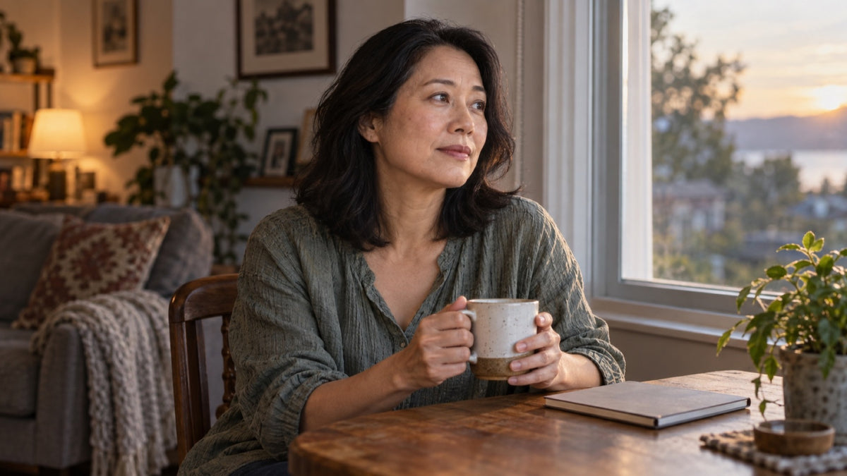 Woman seated by a window with hands around a mug and a closed notebook nearby.