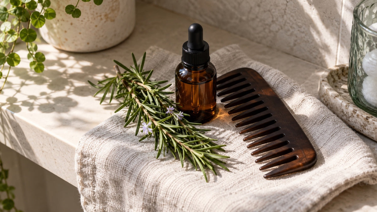 Rosemary sprig, unlabelled amber dropper bottle and dark hair comb on pale linen.