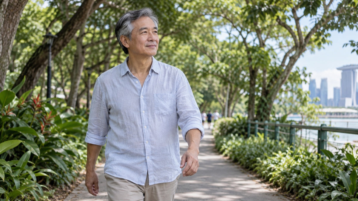 Mature man with salt-and-pepper hair walking along a leafy waterfront park path.