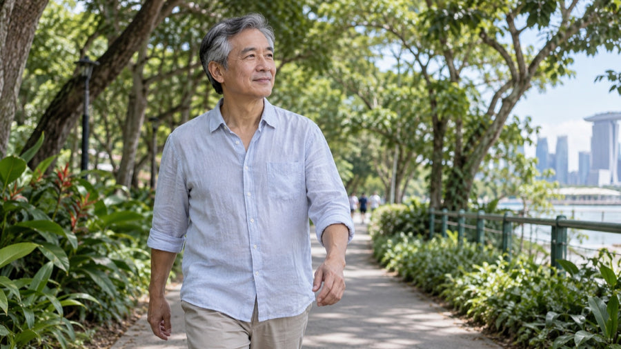 Mature man with salt-and-pepper hair walking along a leafy waterfront park path.