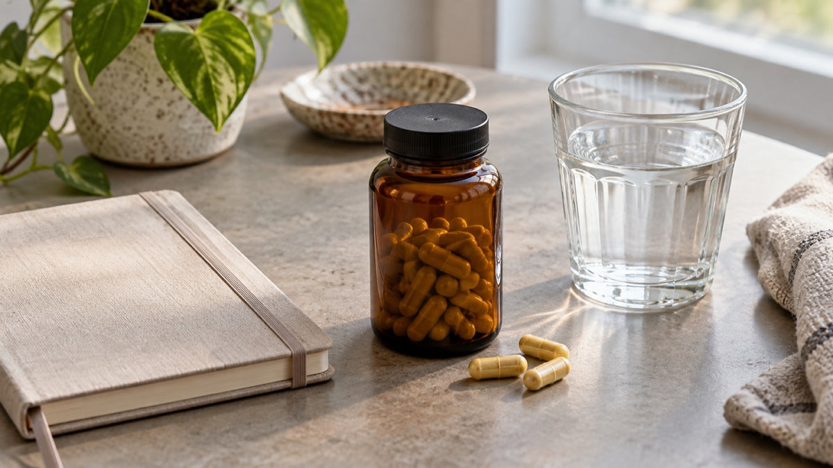Unlabelled amber bottle and pale yellow capsules beside a closed notebook and water glass.