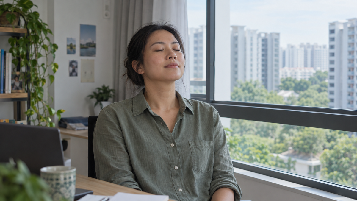 An adult with eyes closed and relaxed shoulders sits beside an apartment window overlooking residential buildings and greenery.