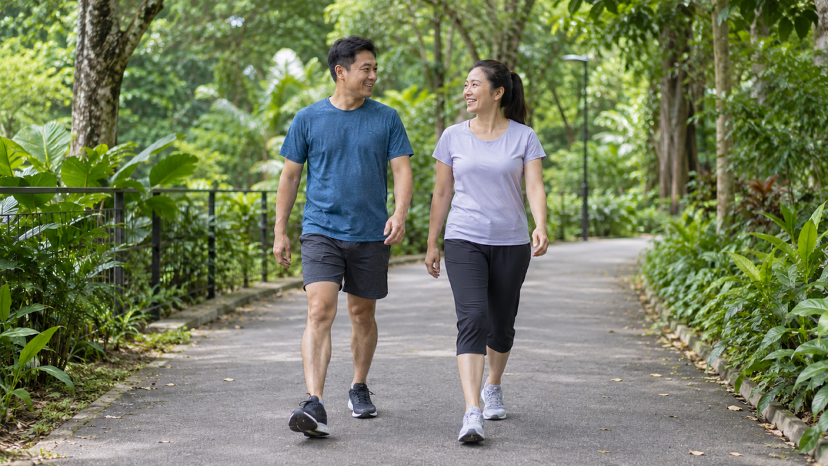 Two Asian adults walk side by side, smiling mid-conversation on a shaded tropical park path.