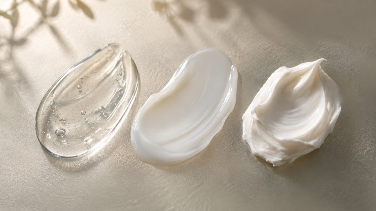 Clear gel, milky lotion and rich cream arranged on a continuous frosted-glass surface.