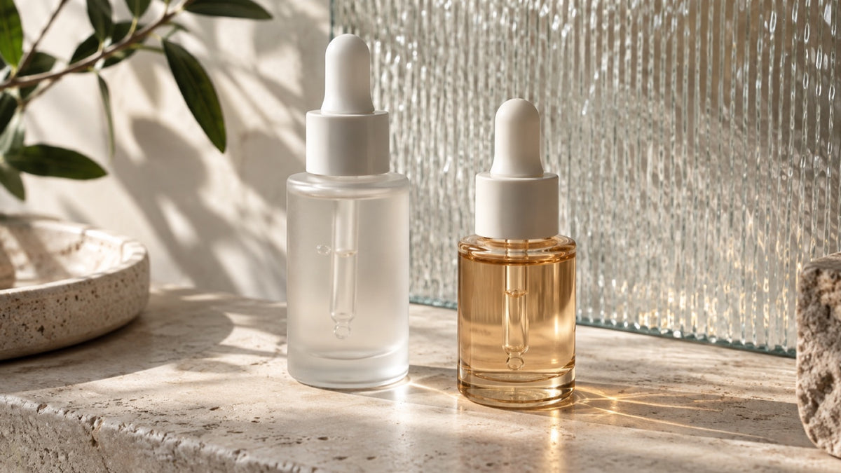 Two unlabelled serum bottles on off-white stone with softly patterned window light.