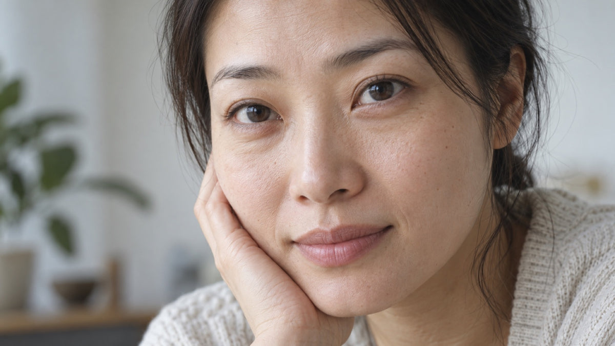 Close-up of an adult’s eyes and cheeks showing natural under-eye texture and gentle shadows.