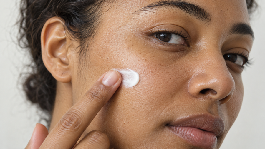 Close-up of an adult touching a small dab of white cream to their cheek with a fingertip, showing natural skin texture.