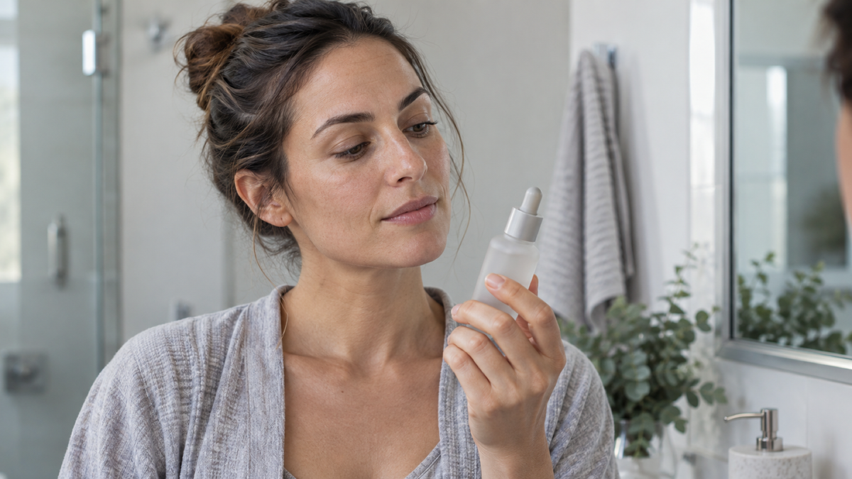 An adult looks thoughtfully at a small unlabelled serum bottle held in one hand beside a bathroom mirror in soft daylight.