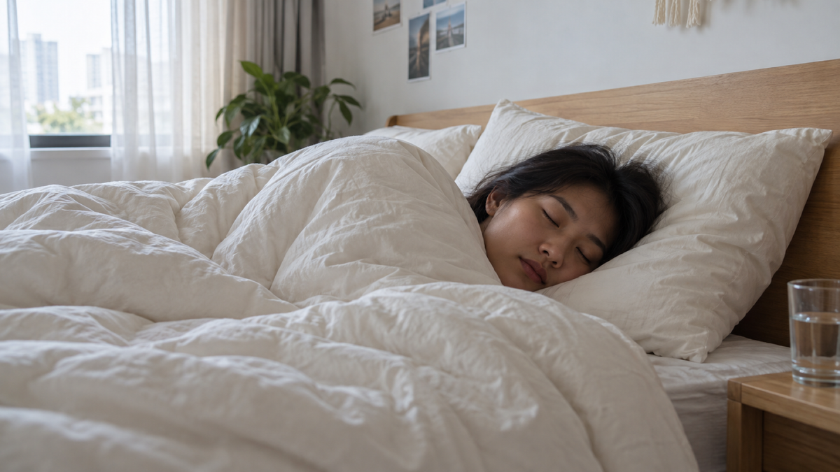 An adult sleeps on their side under off-white bedding in a softly daylit apartment bedroom, with a glass of water beside the bed.