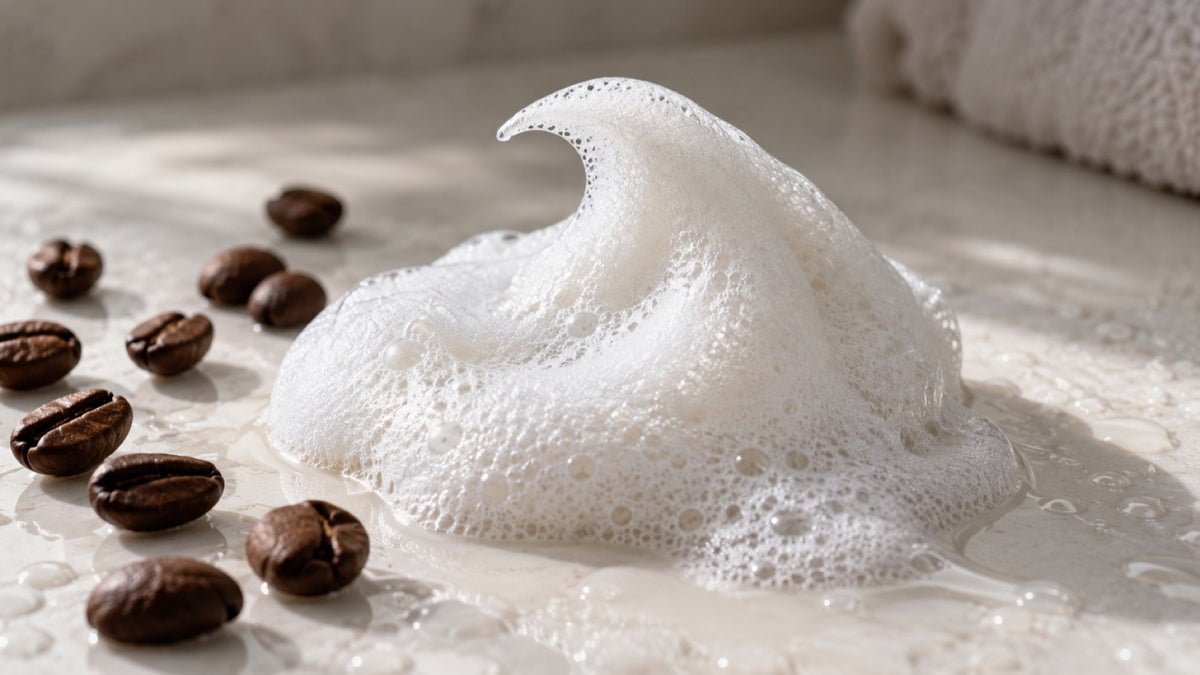 A sculptural mound of shampoo foam with roasted coffee beans nearby on pale ceramic.