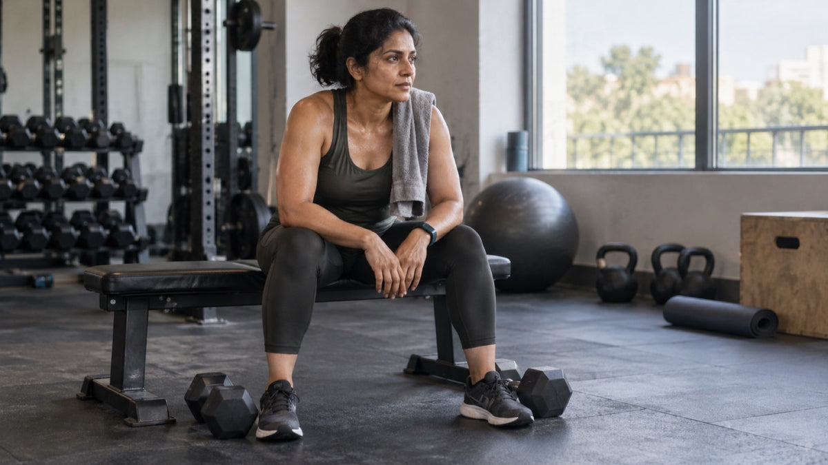 Woman resting on a gym bench with two dumbbells near her feet.