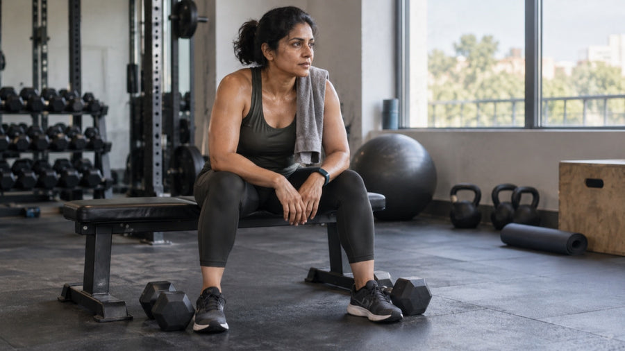 Woman resting on a gym bench with two dumbbells near her feet.