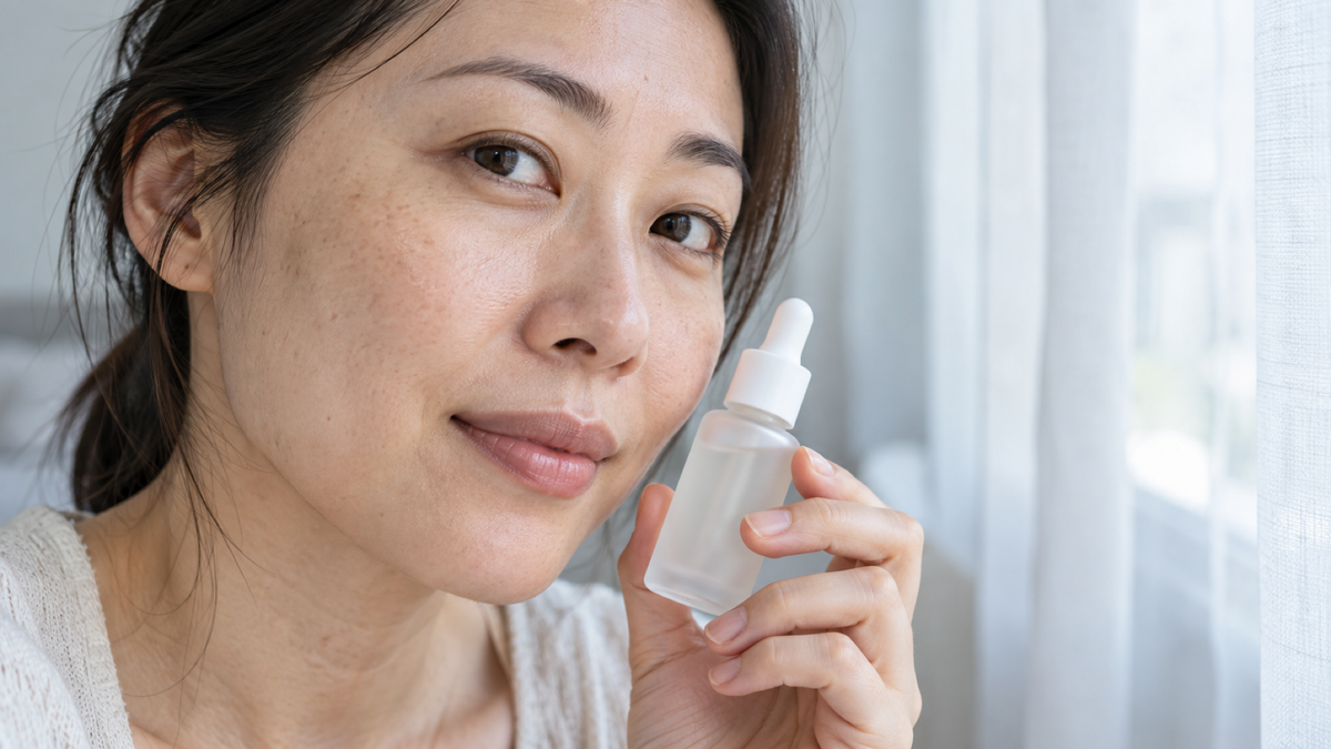 Adult Asian woman with natural skin texture holding an unlabelled serum bottle beside a softly lit window.