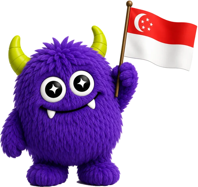 Fypi, the FYPIRL mascot, holding the Singapore flag